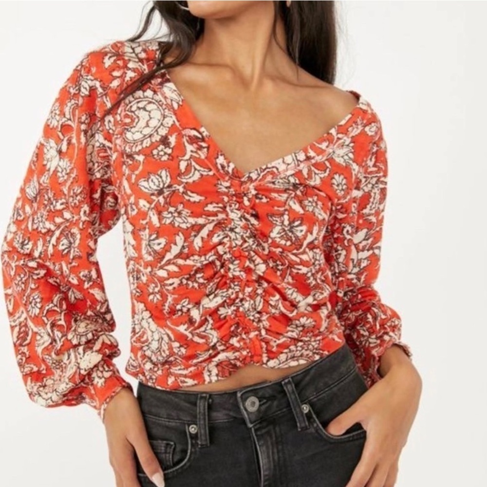 Floral Red Ruched Women's Top